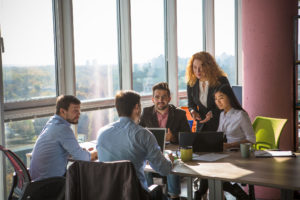 Woman executive presenting in small meeting